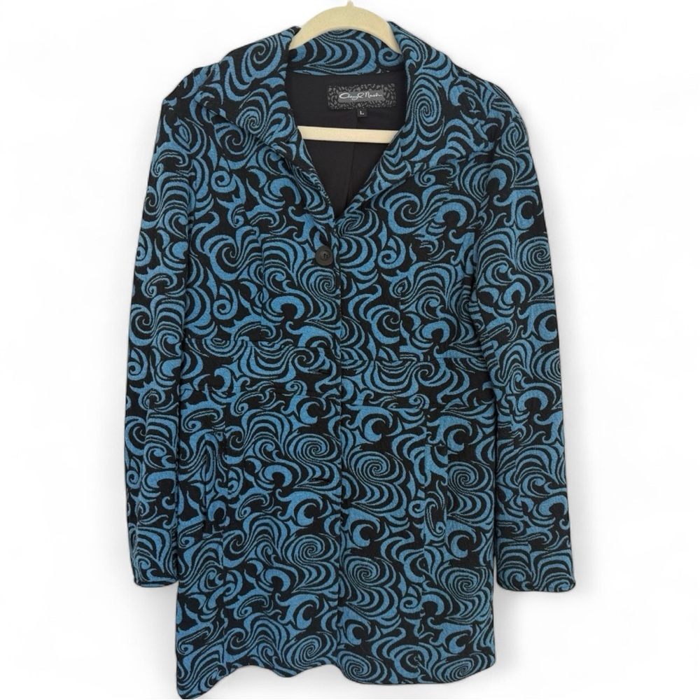 1/2 OFF Cheryl Nash Retro Black Blue Swirl Dress Coat-Size Large-Made in USA